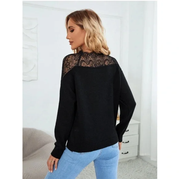 Lace Detail Black Knit Sweater - Picture 2 of 8